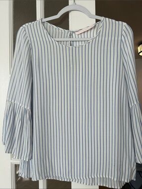 Zara Blue & White Vertical-Stripe Bell-Sleeve Blouse